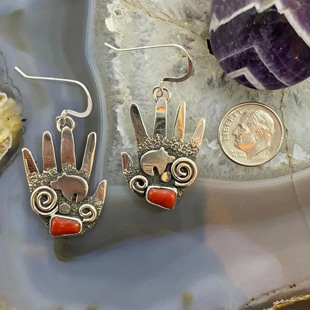 Alex Sanchez Sterling Silver Ancestors Hand Petroglyph W/Coral Dangle Earrings 2 - Picture 8 of 10